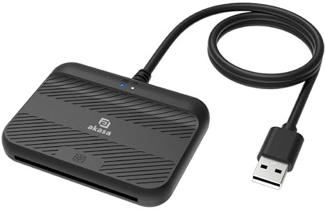Akasa USB SmartCard Reader and External Electronic ID Memory Card Reader, Use & Play, 100 cm cable, Black, LED Indicator, Supports Windows, Linux and macOS, AK-CR-14BK
