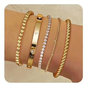 LOLIAS 5 Stück Armband Damen Gold 14 Karat Echtgold Armkette Manschetten Armband Hypoallergen Goldperlen CZ Tennis Armband Kette Stapelarmbänder Schmuck Gold Für Damen