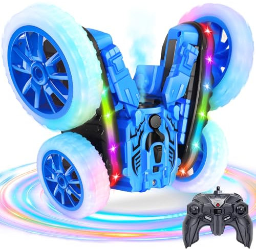 MidiVix Ferngesteuertes Auto, 360°rotierende 4WD RC Autos mit Seitenlichtern und Scheinwerfern, 2.4Ghz Doppelseitig RC Stunt Car mit Spray, RC Drift Spielzeugauto und Geschenke für Kinder (Blau)