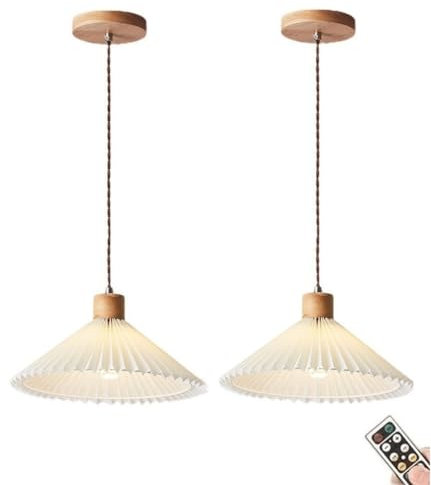 Lámpara colgante recargable a batería con bombilla regulable y temporizador, estilo tronco, sin cableado, con pantalla de tela plisada blanca, para cocina, isla, mesa de comedor, dormitorio, sala de