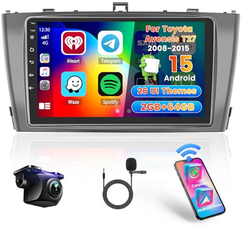 Hikity 2+64G Radio för Toyota Avensis T27 2008-2015 Trådlös Carplay Android Auto, 9'' Pekskärm Android Radio med Mirror Link FM/RDS EQ WIFI Bluetooth GPS 26UI SWC MIC Kamera