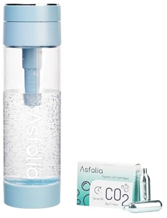 Asfolia Sparkling Water Maker, SparkGo Portable Soda Maker with 420ml PET Carbonating Bottles, 10x 8g CO2 Cylinders，Includes Dust Cover (Blue)