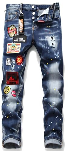 Kdtoll Jeans de hombre Slim Fit rasgados - Pantalones de mezclilla elásticos con efecto de pintura salpicada, diseño Streetwear Bordado Y2K, Estilo Hip-Hop Casual para Outfit a la moda