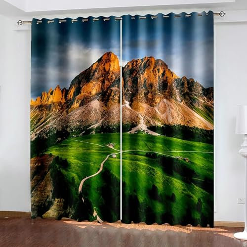 Bishilin Gardinen Blickdicht mit Ösen 2er Set, Vorhänge Verdunklung 132x229CM mit Motiv Natur Dunkle Wolken Berge und Grünland Verdunklungsvorhänge Kinderzimmer Jugendzimmer
