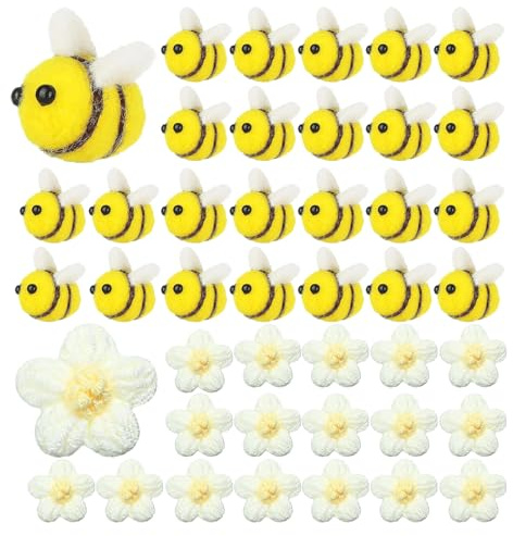 RFYTDCF 70 Stück Bienen Deko, Mini Biene Dekoration Filz zum Basteln 50 Bienen und 20 Weiße Häkelblumen Filzbienen für DIY Handwerk Craft Dekoration Kleidung Zubehör
