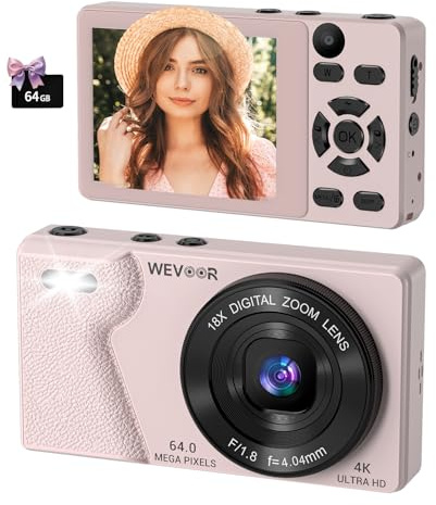 Wevoor Digital Camera 4K 64MP Autofocus Compact Camera for Vlogging with Dual Lens, 18X Digital Zoom, 2000mAh Battery, 2.8 Screen, 64GB Small Pocket Camera for Beginner Adult Travel Photography, Pink