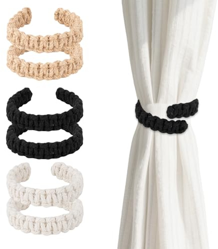 6 Stück Boho Geflochtener Vorhang Raffhalter, Handgefertigte Gardinenhalter, Leichte Geflochtene Vorhanghalter, Elegante Baumwollseil Raffhalter für Vorhänge Vorhang Halter für Zuhause & Büro