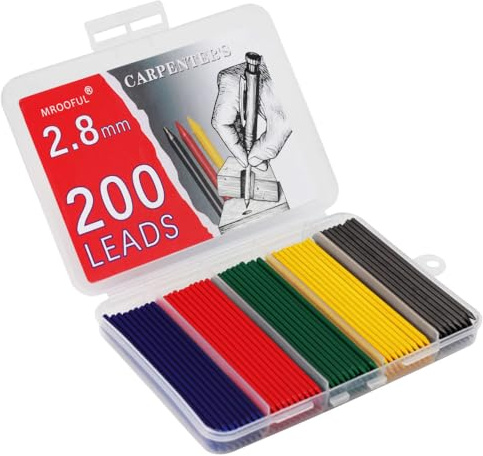 MROOFUL Lápiz de carpintero de 2,8 mm, núcleo de mina, azul, rojo, verde, amarillo, negro, recambio de lápiz de color para carpintería, gran capacidad, punta larga, agujero profundo, 200 unidades