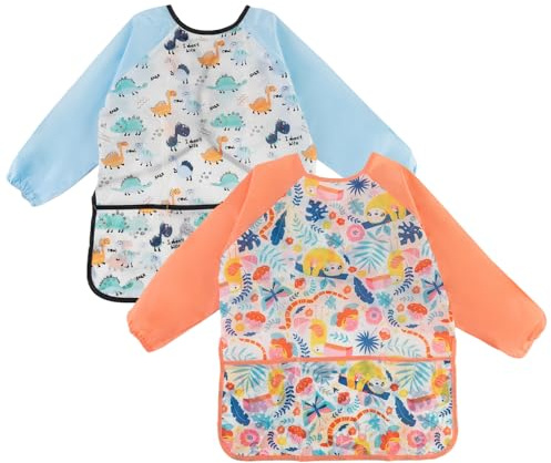 Arvoni 2 Stück Malschürze Kinder, Malkittel Kinder Wasserdicht, Maleranzug Kinders für Alter 3-8 Jahre, mit 3 Taschen Malerkittel mit Langarm Ärmeln für Küche Kochen Backen Malerei Grillen Garten