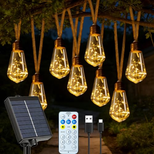 Hopexy Solar Lights Outdoor Garden 10m Hemp Rope Festoon Lights with Remote, USB & Solar Powered, 20 S17 Bulbs Shatterproof Waterproof 8 Modes Fairy String Light for Balcony Fence Patio Party Decor