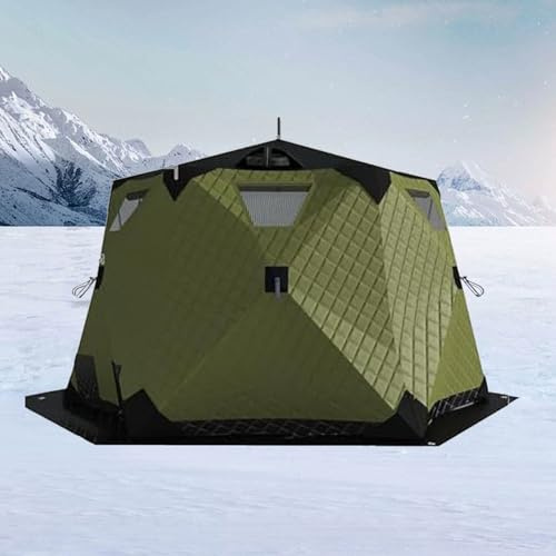 Pop Up Ice Fishing Tent for 6-10 People, Ice Fishing Tent Rain Cover, Insulated Pop-Up Shelter with Stove Jack, Sauna Tent with 2 Doors & 5 Windows, Ice Anchors Included, 75sp ft Interior Space Green
