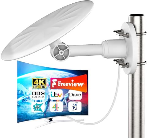 Outdoor TV Aerial for Freeview & Freeview HD, High Gain Digital TV Aerial with UHF/VHF Reception, Anti-Interference Design, Includes 10m Coaxial Cable for Smart & Older TVs (White)