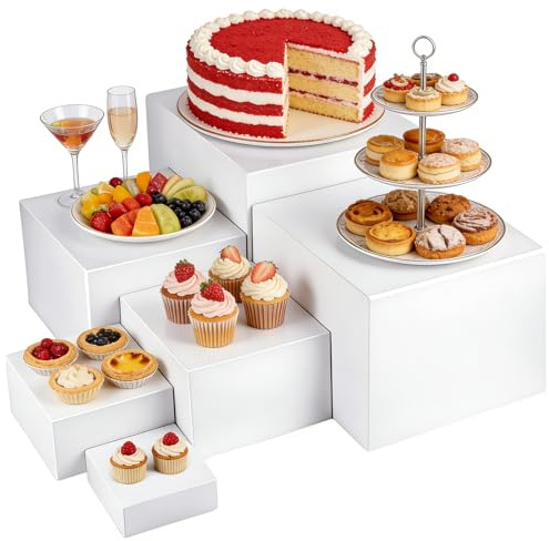 6 Pcs Buffet Risers Sets, White Acrylic Cube Stand With Hollow Bottoms