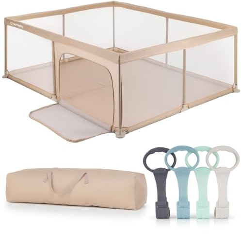 sun baby Lekhage 150x200 cm 0-2 år Beige med handtag gröna, polyester, nätväggar, ingång med dragkedja, halkfria fötter, förvaringsväska, metallram