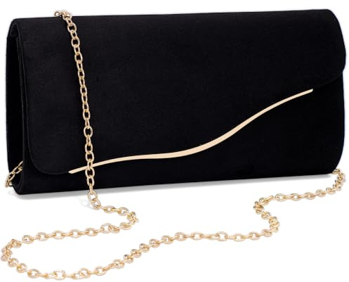 Toptime Clutch Purses for Women, Elegant Envelope Evening Bag with Detachable Chain, Stylish Faux Suede Black Clutch with Curved Flap, Velvet Crossbody Women's Handbags for Wedding Cocktail Party
