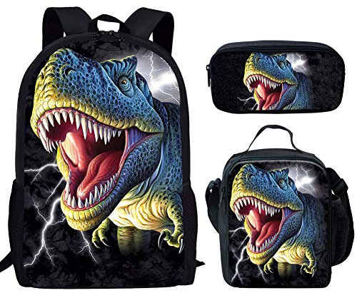 Binienty Schulbüchertaschen-Set 3-in-1, Doppelreißverschluss-Rucksack + Lunchbox + Federmäppchen für Kinder, Jungen, Mädchen, T-Rex Dinosaurier, Einheitsgröße, Modern
