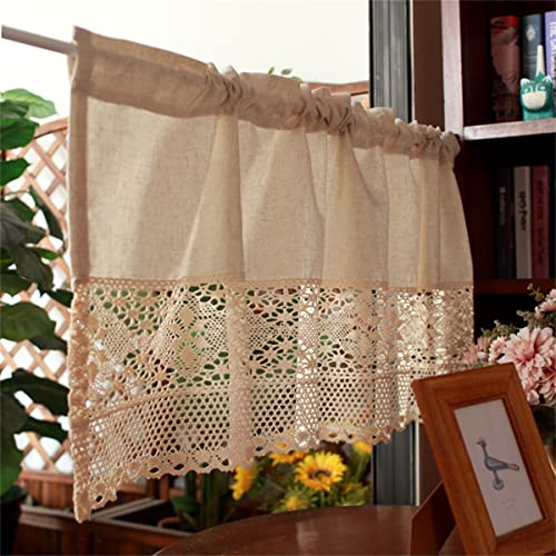 CULASIGN Vintage Küchen Vorhang, Scheibengardine, Beige Häkeln Plaid Leinen Bistrogardine, Schiebevorhang Spitze Kurzgardinen Romantische Cafe Kleinfenster Deko (BxH 100x45cm)