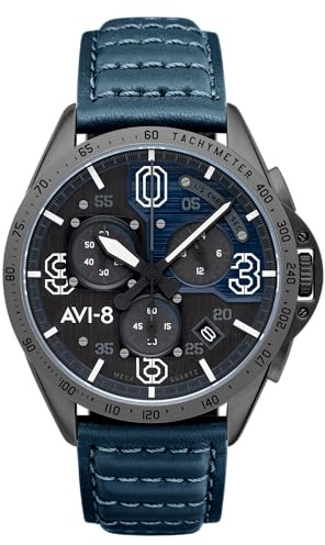 AVI-8 Mustang Blakeslee P-51 Montre Chronographe pour Homme – Boîtier en Acier Inoxydable de 43 mm, Mouvement à Quartz Japonais, Bracelet en Cuir, Montre Militaire, Couleur Bleu Ciel – AV-4077-04
