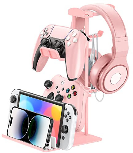 KDD Headphone Stand, Gaming Headset Stand & Controller Holder for Desk, Earphone Stand with Aluminum Supporting Bar, Universal Storage Organizer Headphones/Controller/Switch/iPad/Mobile Phone(Pink)