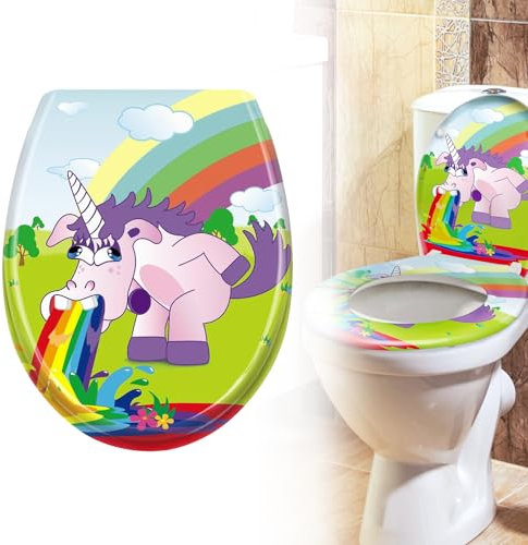 Froadp Toilettendeckel Klodeckel mit Absenkautomatik WC Sitz Toilettensitz aus Duroplast und Edelstahl Antibakteriell Toilettenbrille für Alle Handelsüblichen WC-Becken (Regenbogen und Pferd)
