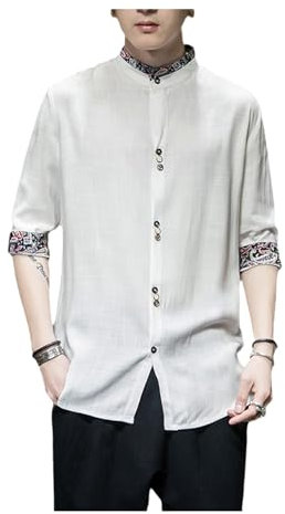 PTATT Chinesische Baumwollkurzarm -Leinenhemd Großgröße Herren Retro -Kunst traditioneller Flügel Chun Kung Fu Kleidung White-L