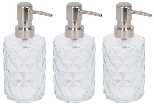 Harbour Housewares Prism Glass Soap Dispensers Pack of 3-330ml Diamond-Cut Refillable Bottles with Chrome Pumps - Bathroom Accessories for Hand Wash, Lotion or Sanitiser