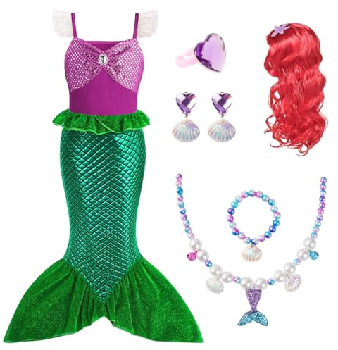 AOOWU Disfraz Sirena Princesa Niña de Dibujos Animados, Vestido Princesa con Peluca Collar Pendientes Accesorios, Disfraz Niña Halloween Cosplay Cumpleaños Carnaval Fiestas (120cm)