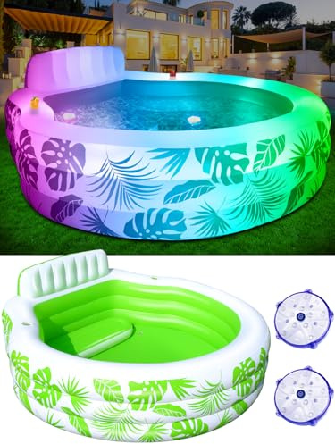 Inflatable Pool with Pool Lights, Oversized Thickened Blow Up Pools with Seat, Inflatable Pools for Audlts, 88x83x22 Large Inflatable PooI for Backyard, Outdoor pooI (White)