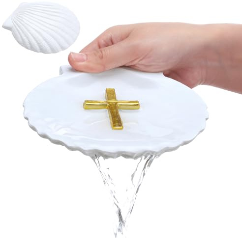 Bucherry Baptismal Shell White Resin 5.12 Christening Shell with Cross Baby Baptismal Gift Catholic Holy Water Holder for Baptism Favor Baby Boys and Girls Religious Ceremony Accessory