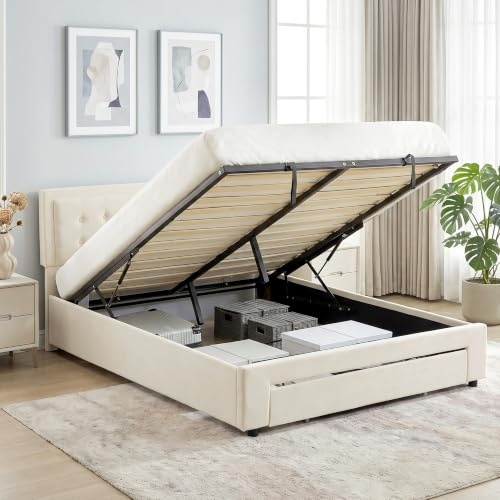 HOMCOM Upholstered Ottoman Bed with Storage Drawer 4ft6 Double Cream White