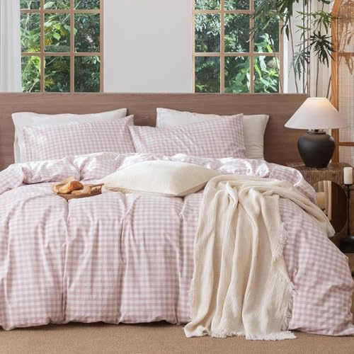 Lanqinglv Vichy Housse de Couette 140x200 Rose à Carreaux Parure de lit Ado 1 Personne en Microfibre Housses de Couettes avec Fermeture Éclair et 1 Taie d'oreiller 65x65cm