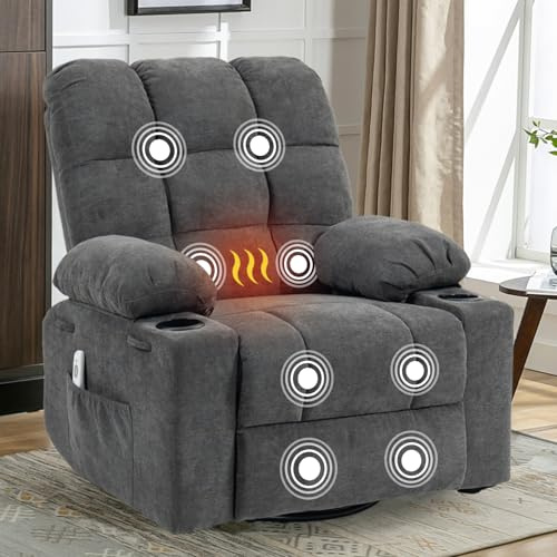 BRTHORY Relaxsessel mit Massagefunktion Fernsehsessel Liegefunktion Vibration Heizung, Dicke Rückenlehne und Armlehnen, Massagesessel mit Wippfunktion, 360°drehbar