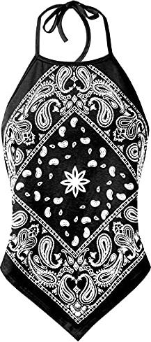 Design by Olivia Women's Sexy Paisley Bandana Halter Top - Y2K Boho Backless Self-Tie Summer Crop Top Shirt Black L