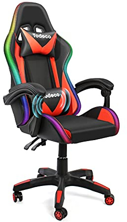 Todeco Gaming stol massage med ljus LED racing stol gaming fåtölj gamer ergonomisk kontorsstol justerbart ryggstöd höjdjusterbart snurrstol med nackstöd och ländkudde, röd