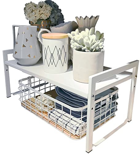 Urhomey plus Expandable Cabinet Shelf Organizer 16-26 L Stackable Kitchen Counter Shelf Rack Stand Sink Riser Countertop Storage White (Wide 10.6”D)