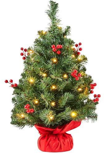 Yaheetech 2ft Prelit Tabletop Mini Christmas Tree with LED Warm Toned Lights Portable Holiday Decoration Artificial Tree with Red Berries 1 Pack