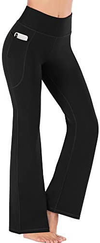 FDEETY Bootcut yogabyxor hög midja stretch träning utsvängda byxor magkontroll atletiska byxor med fickor, Svart, L
