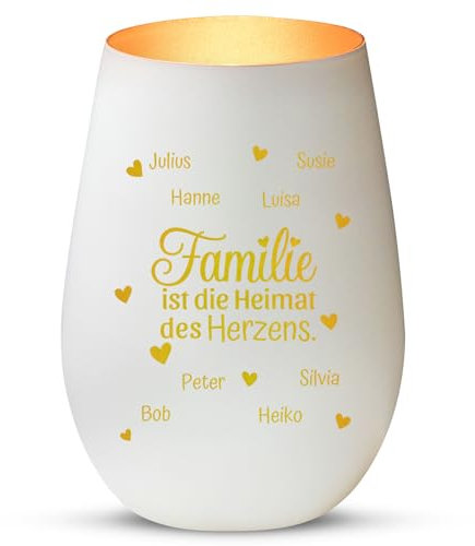 Love Faith Heimat des Herzens Windlicht Weiß/Gold - Personalisiertes Windlicht für Teelichter mit Namen-Gravur - Geschenk für Eltern & Großeltern