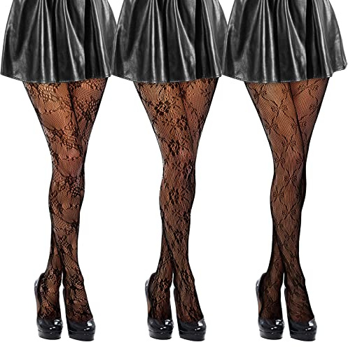 Ylinge 3 Pairs Women's Patterned Fishnet Tights Lace Floral Pantyhose High Waist Fishnet Stockings Black Patterned Tights for Women