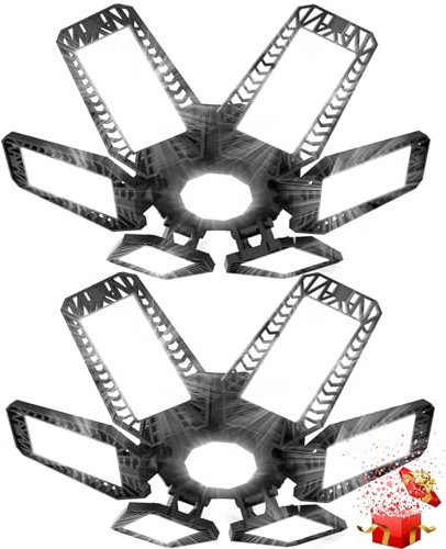 TASINUO Plafoniera LED Garage 185W 2 Pezzi, 18500LM 7000K Luce Garage Deformabile con 6 Pannelli Regolabili, E27/E26 Officina Plafoniera LED per Magazzino, Ufficio, Cantina, Palestra, Cucina