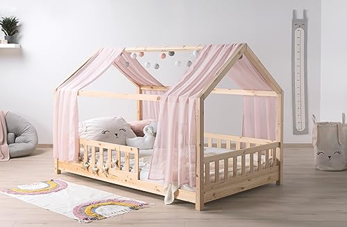 TiCAA Kinderbett Hausbett mit Tüll Kim inkl. Rolllattenrost