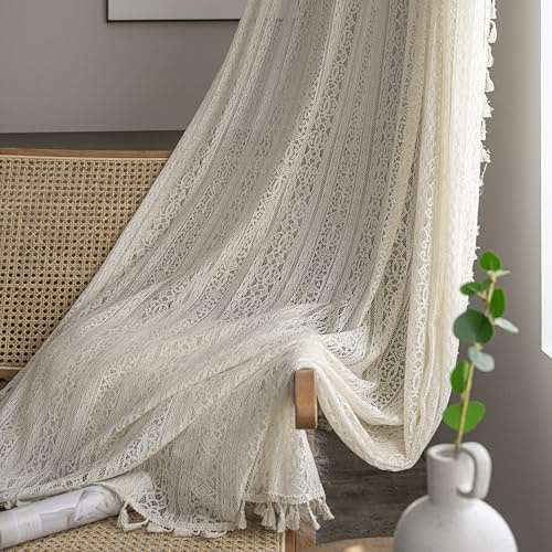 WAZZIO Boho Lace Curtains 45 inch Curtains 2 Panel,Rod Pocket Vintage Bohemian Farmhouse Crochet Cotton Geometry Privacy Sheer Curtain Drapes Farmhouse for Living Room Bedroom,Beige