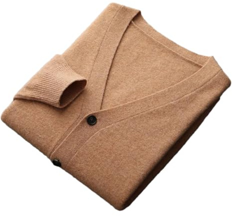 Kashmirtröja för män, cardigan höst och vinter, stickad solid långärmad jacka topp, Gul khaki9, XL