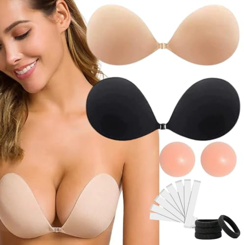 Lot de 2 soutiens-gorge adhésifs invisibles, sans bretelles, dos nu, réutilisables, bandes de vêtements, bandeaux à cheveux, dissimulation sphérique de poitrine, soutien-gorge adhésif sans couture