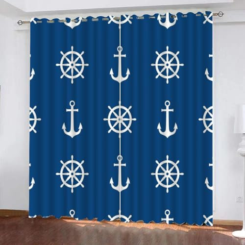 GIOVIA 3D Maritime Vorhänge Abdunkelnde Anker Rouletterad Kindervorhänge Vorhang mit ösen 2er Set Gardinen Blickdicht Verdunkelungs für Kinderzimmer Schlafzimmer Wohnzimmer B 150 X H 166 cm