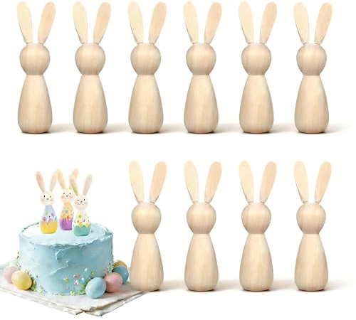 STOBOK 10Pcs Unfinished Wooden Peg Dolls, Easter Rabbit Statues Bunny Figurines Blank Natural Wood Peg Figures for DIY Painting, Cake Toppers, Chess Pieces, Art Crafts, Spring Home Decor