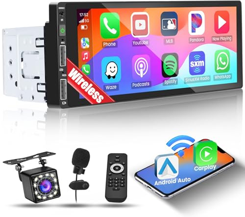 Inefala Autoradio Bluetooth 1 DIN Con trådlöst CarPlay Android Auto 6,9 Pollici Touchscreen Stereo Automatiskt Supporta Bluetooth Vivavoce/Mirror Link/FM Radio/USB/EQ con Telecamera Posteriore