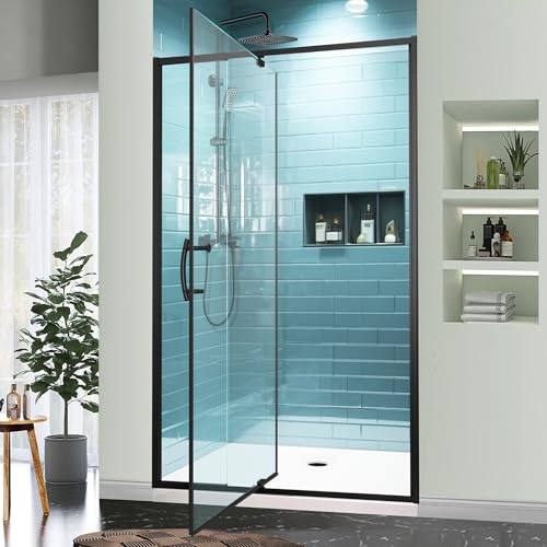 GroGro 38-42 W x 71 H Piovt Swing Glass Shower Door,Pivot Semi-Frameless Shower Door with 1/4(6mm) Clear SGCC Tempered Glass,Matte Black Finish Shower Doors,Reversible Installation