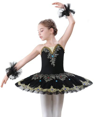 FONLAM Ballettkleid für Mädchen Tänzerin Kostüm Balletttrikot Tanzkleid Tanztrikot Ballettkleidung Besticktes Ballett Tutu Kinder (Schwarz, 9-10 Jahre)
