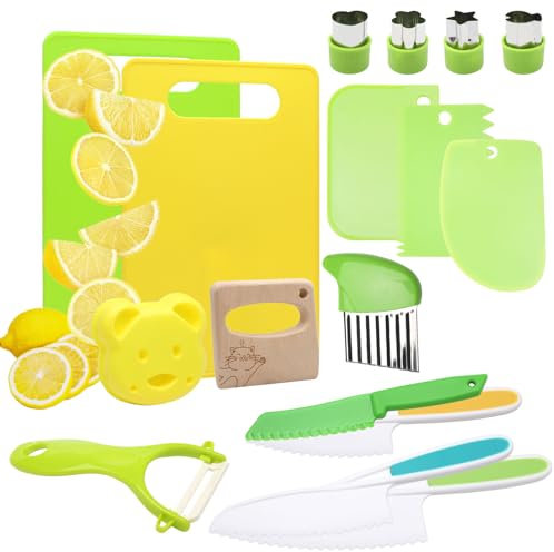 VOSSOT Kindermesser 17-teiliges Kinder Küchenmesser Set für echtes Kochen, Inklusive Schneidebrett, Holzmesser Gemüse Ausstechformen Obstmesser etc, Kinder Geschenk, Messer für Kinder ab 3 Jahren